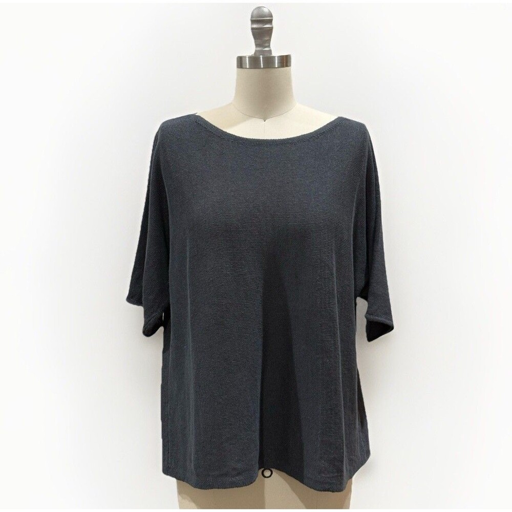 Eileen Fisher Knit Sweater Top Tunic Grey Boat Neck Organic Linen Size M EUC